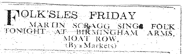  Ad for Martin Scraggs at Birmingham Arms between Jan 1966 and Dec 1968